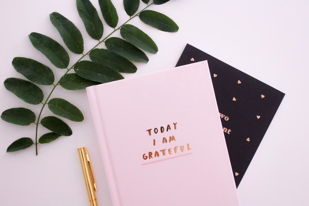Pink gratitude notebook with the phrase «TODAY I AM GRATEFUL» in gold letters, next to a gold pen and a branch with green leaves on a white background.