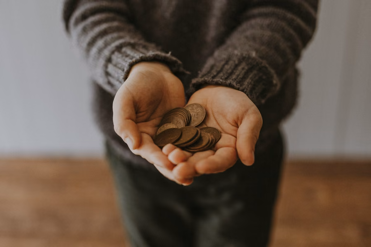A person's open hands holding a handful of copper coins on their lap.