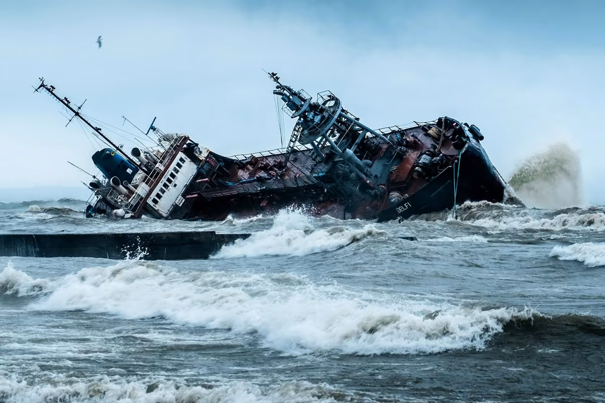 Cargo ship or tanker run aground and listing in the sea during a storm with rough waves.