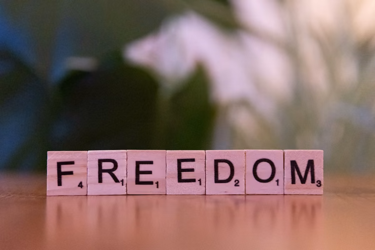 Wooden Scrabble tiles forming the word FREEDOM on a table with blurred plants in the background.